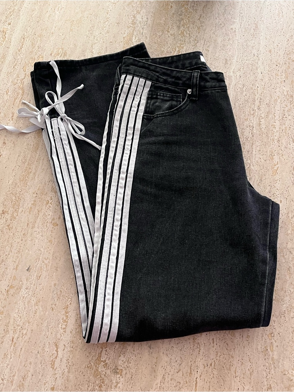 Dark Black Streetwear Jeans with White Side Stripes and Ties 🖤🤍